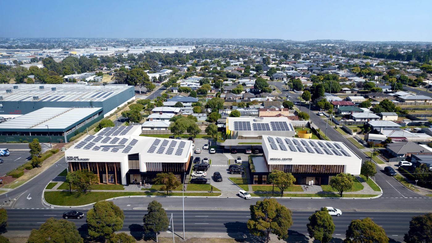 Aerial view of the Geelong Healthcare Precinct on Princes Highway, Norlane